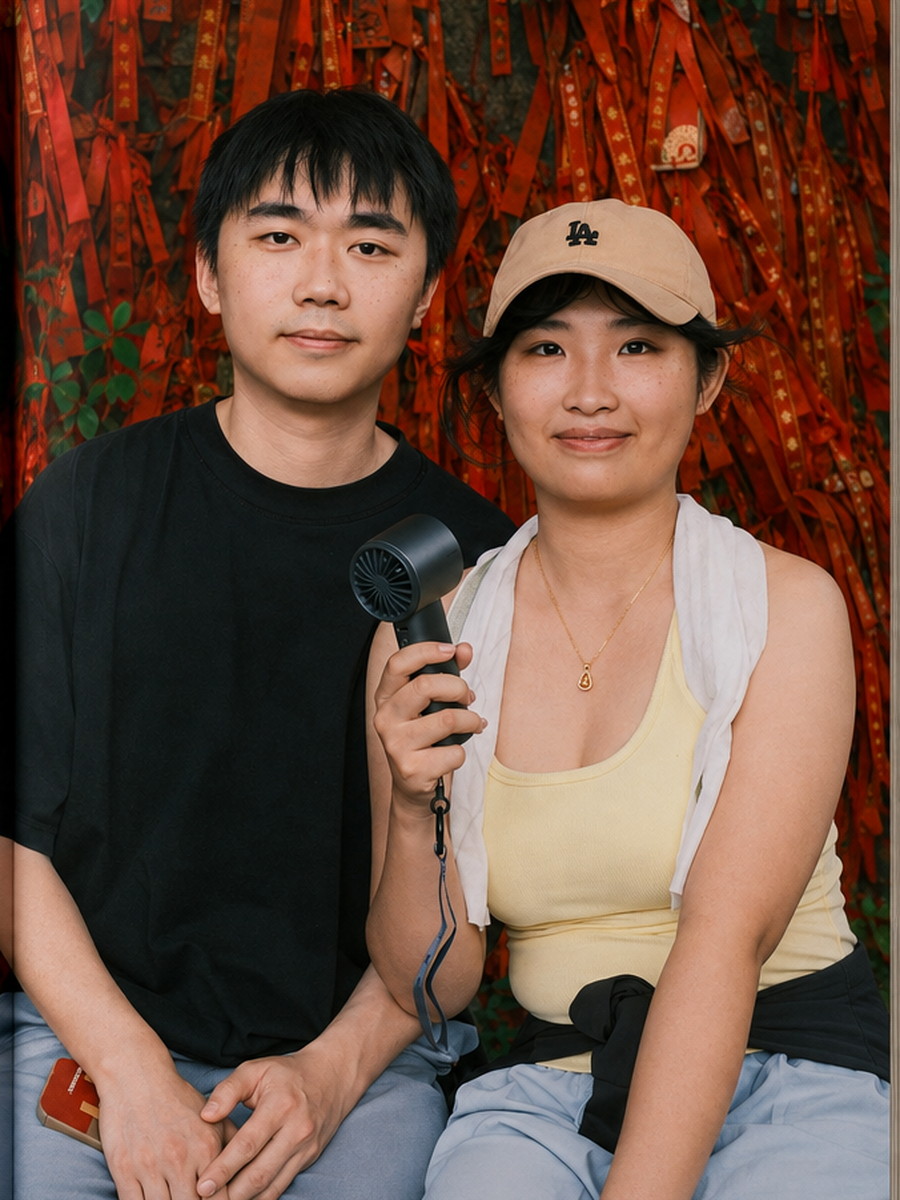 红墙前的两人合影